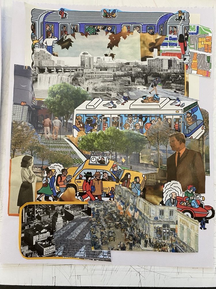 Collage of city transit scenes — a light rail car, taxis, crowds and a figure in a suit