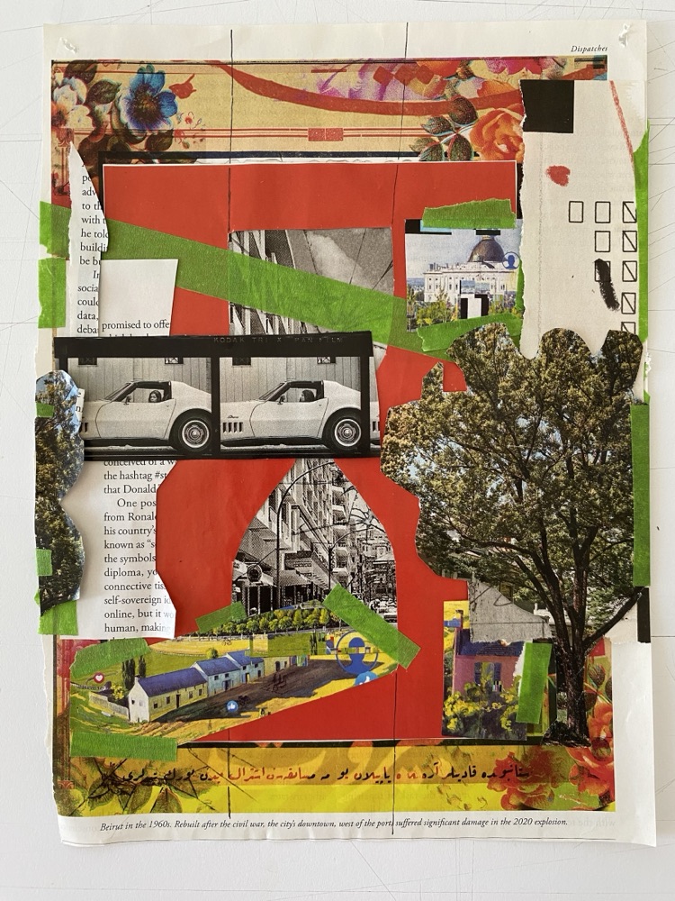 Mixed-media collage of cut paper, photographs and green tape over a red ground