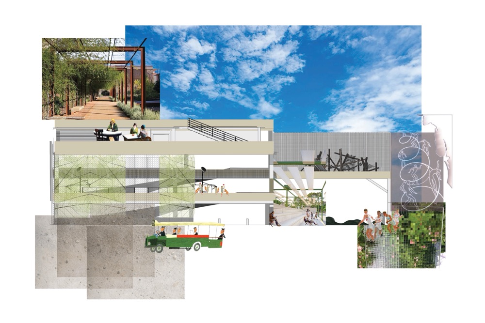 Sectional collage of a multi-level public building with planting and a food cart