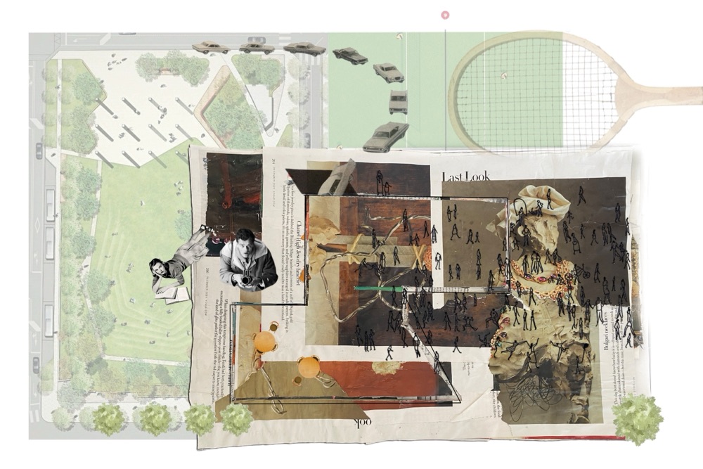 A site plan overlaid with a torn-paper collage of figures, a park and a tennis racket