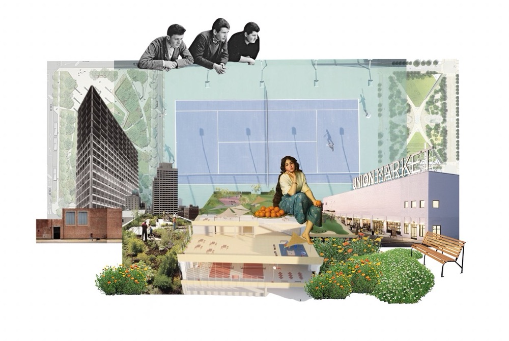 Collage of a rooftop park with a tennis court, a seated figure and city towers