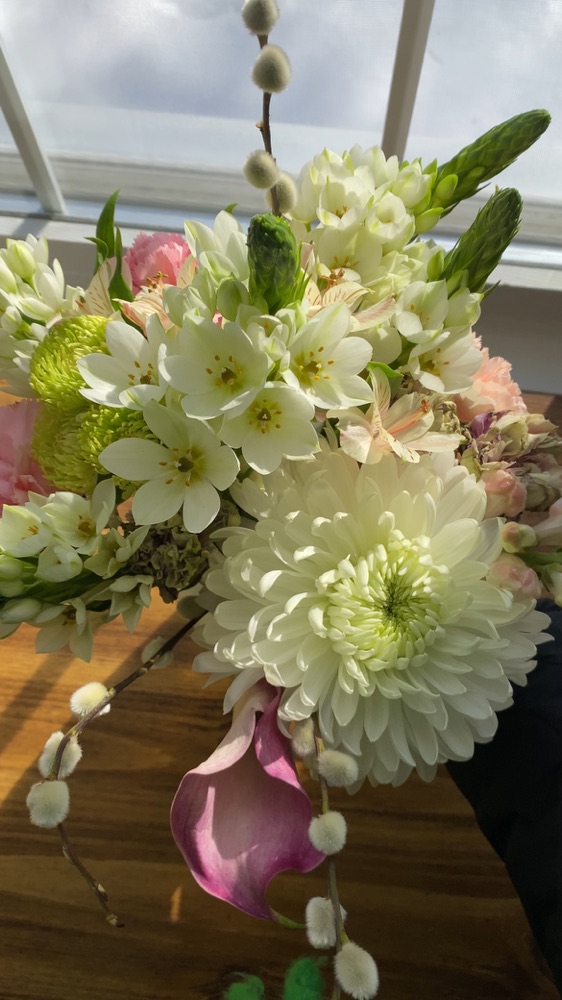 White chrysanthemums, star-of-Bethlehem and pussy willow with a pink calla lily