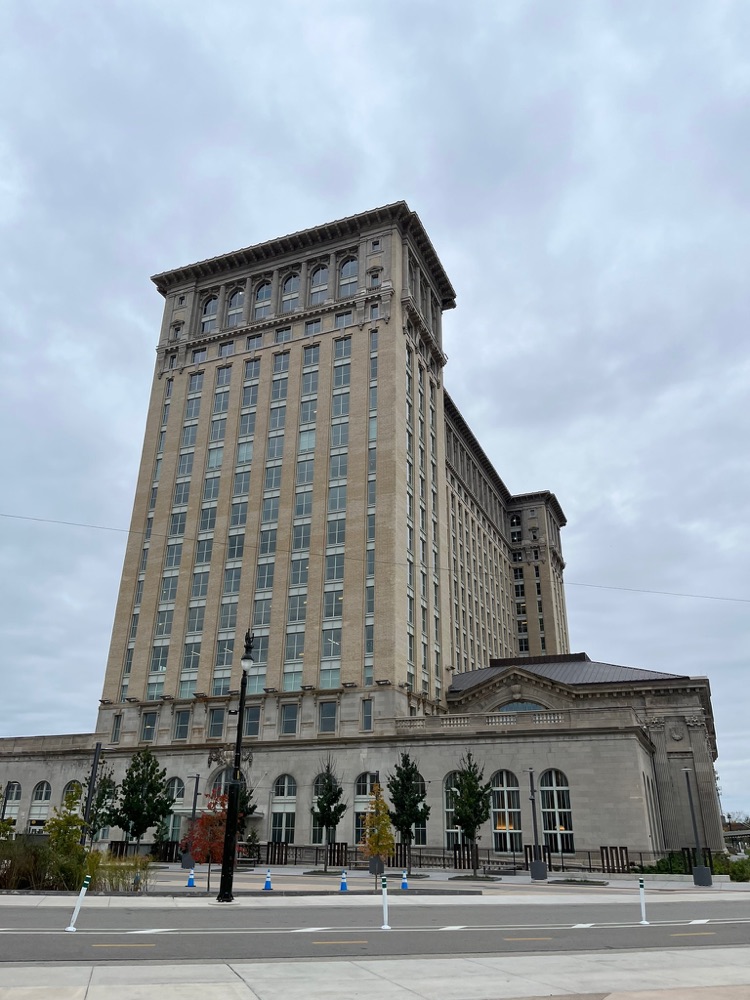 Michigan Central Station restored above a new lawn, Detroit