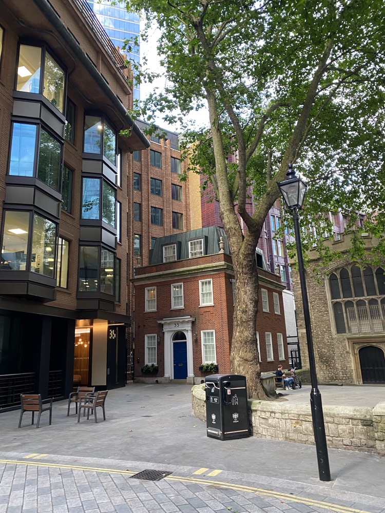 Brick townhouses around a small square with a plane tree, London