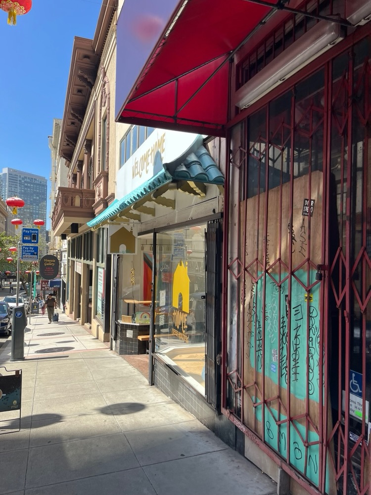 Painted roll-down storefront gates along a Chinatown sidewalk, San Francisco